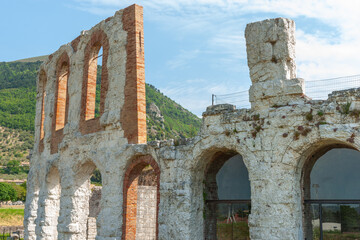 Sticker - Section of amphitheater are the ruins of a 1st-century ancient Roman theatre in Gubbio, Umbria in Italy.