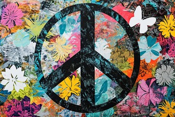  Hippie Peace Symbol: Floral Patterns on B&W Background

