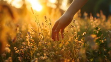 Hand Of Woman Touching High Grass, Girl Walks Through The Field
