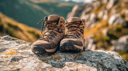 Close up of hiking boots, A mountain climber.