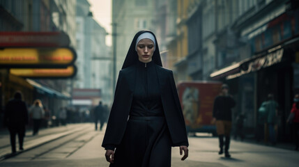 Wall Mural - A young Catholic nun walks along a city street. Religion and culture.