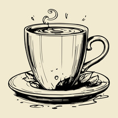 Fototapete - Stylish sketch of a cup of coffee. Vector coffee with steaming coffee foam, retro coffee drawing.