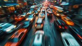 Fototapeta Uliczki - The chaotic blur of cars taxis and motorcycles weaving through narrow city streets creating a tangled maze of vehicles