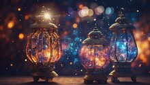Ramadan Kareem Eid Al Fitr With Ornamental Arabic Lantern With Burning Candle In The Night. 4K Animated Background.