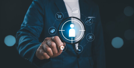 Target customer, buyer persona, customer behavior concept. Marketing plan and strategies. Personalization marketing, customer centric strategies. Businessman showing on screen to target customer.