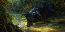 A Black Dog Is Floating In A River And Drinking, Generative AI