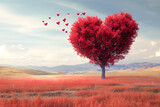Fototapeta Natura - Tree of love. Red heart shaped tree landscape. Valentine's Day background.