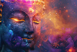 Fototapeta  - glowing golden buddha with abstract colorful universe background decorated with a big lotus