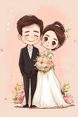 Wall Mural - Bride and groom cartoon on wedding day.