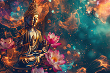 Glowing Golden Buddha With Abstract Colorful Universe Background Decorated With A Big Lotus