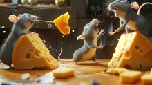 Cartoon Scene Of A Group Of Mischievous Mice Plotting Their Cheese Heist In The Dead Of Night. One Mouse Uses A Toothpick As A Lock Pick While Another Balances Precariousl
