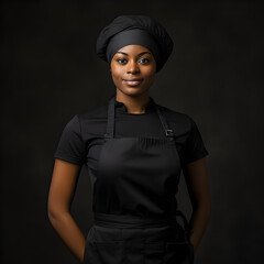 African American woman chef wearing a black apron on a black background 