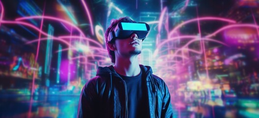 Wall Mural - Man experiencing virtual reality with neon lights. Future technology.