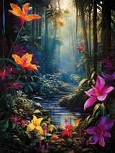 Rain-kissed Flower Petals: Vibrant Art Print Of A Rainforest Landscape And Jungle Scene