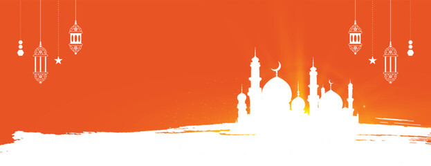 Wall Mural - Eid, Mubarak, wishes, or sale banner Islamic orange background eid, al, fitr, design with mosque, or lantern, grunge social media wishing, sale, banner, vector illustration