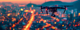 Fototapeta  - A drone hovers above a city at dusk, its camera poised to capture the twinkling lights below, symbolizing the blend of technology and urban life.