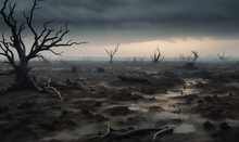 Dead Trees Under Dramatic Cloudy Sky At Drought Cracked Desert Landscape