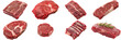 Set of raw different parts of beef such as Brisket, Ribeye, Round beef, Short Ribs,  Brisket, Ribeye, Round beef, Short Ribs, New York Strip of beef, Flank, Sirloin  isolated on transparent background