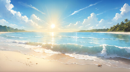 Beautiful beach views in the morning with bright blue skies and the sun dazzling the eyes. Anime style