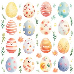 Wall Mural - Adorable easter eggs with stripes, watercolor hand drawn, clipart, chic and intricate hand drawing, isolated with good margin on a white background