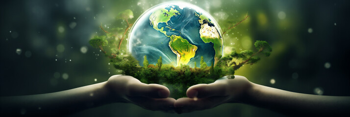 Wall Mural - illustration of the earth on a hand, a symbol of caring for the environment and caring about the safety of the earth's future