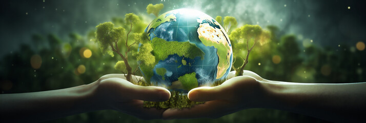 Wall Mural - illustration of the earth on a hand, a symbol of caring for the environment and caring about the safety of the earth's future
