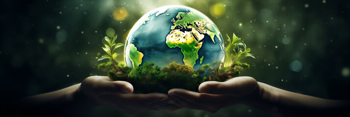 Wall Mural - illustration of the earth on a hand, a symbol of caring for the environment and caring about the safety of the earth's future