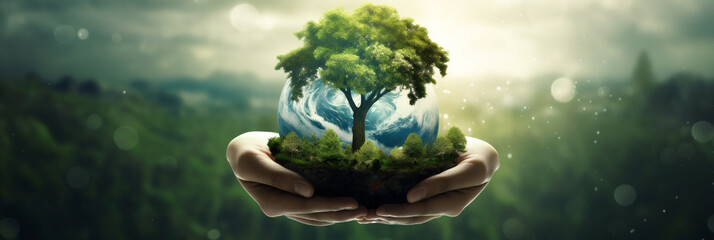 Wall Mural - illustration of the earth on a hand, a symbol of caring for the environment and caring about the safety of the earth's future