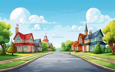 vector illustration Street with houses - Neighborhood with three houses, garage on the side of the street