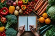 A person scribbling in a notepad amid a rainbow of vibrant fruits and veggies. Generative Ai.