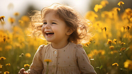 Wall Mural - Little child laughing and playing at the park in spring