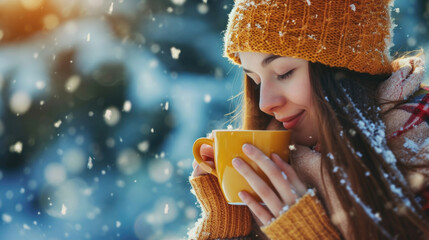 Poster - Woman holding cup of coffee in snow. Perfect for winter-themed projects or showing cozy moments