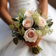 Wedding bouquet in hands of the bride. Wedding details