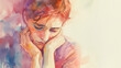 Watercolor illustration of a sad person, male, female, guy, lady, gender neutral, sadness, empty space to write message, greeting card