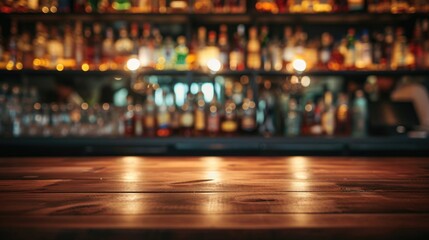 Wooden bar counter on a blurred background of bottles. Advertising space