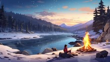 Camping By The River In Winter, While Warming By The Campfire. Seamless Looping Time-lapse 4k Animation Video Background