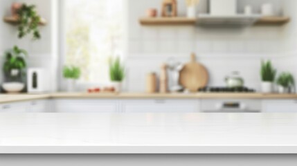 countertop with blurred home kitchen background in white