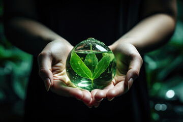 Person holding glass with green leaf inside. Can be used for botanical or nature-themed designs