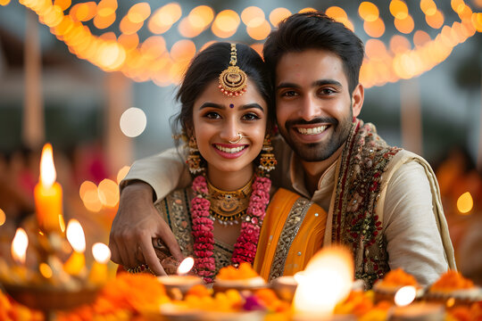 a happy married couple celebrating diwali day with joyful smiles.