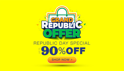 Wall Mural - India Republic Day Shopping advertising promotional sales, offer, deal, 90% off, discount website banner and logo design. Indian tricolor flag with Grand Republic offer 3d text.