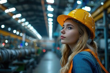 Wall Mural - A female industrial worker is donning a safety helmet. Generative Ai.