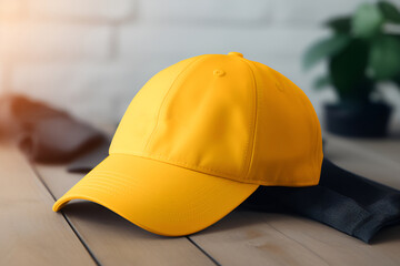 Wall Mural - Mockup of fashionable yellow sports baseball cap, on background in loft style. Generate Ai. Place for design, print and showcasing