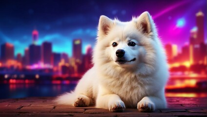 Wall Mural - A portrait photo showcasing an American Eskimo Dog, set against a backdrop of vibrant neon lights