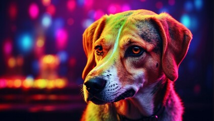 Wall Mural - A portrait photo showcasing an American Foxhound dog, with a vibrant backdrop of neon lights illuminating the scene