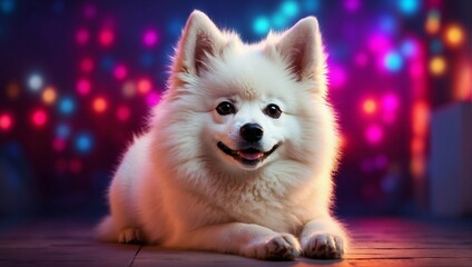 Wall Mural - A portrait photo showcasing an American Eskimo Dog, set against a backdrop of vibrant neon lights