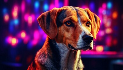 Wall Mural - A portrait photo showcasing an American Foxhound dog, with a vibrant backdrop of neon lights illuminating the scene