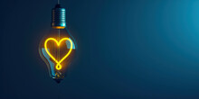 Yellow Heart In Electric Light Bulb On Blue Studio Background With Copy Space Empty Place For Text. Valentine's Day, Creative Idea, Inspiration Share Love Concept.