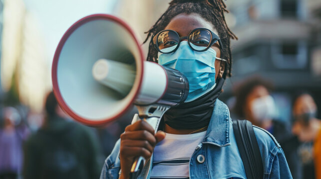 A black female activist wearing a protective face mask while shouting through a megaphone on a protest