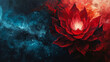 A Painting of a Fiery Red Lotus Flower on a Dark Wavy Blue Pattern Background