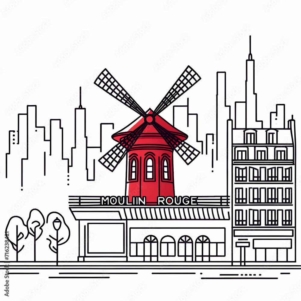 Moulin Rouge Paris Simple Image Continuous one line drawing of Cabaret Moulin Rouge. Red windmill in ...